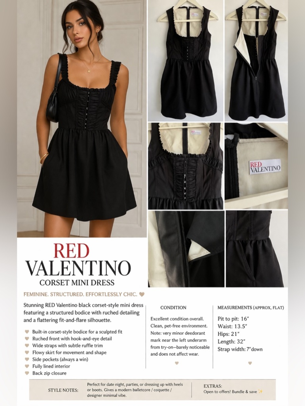 RED Valentino Black Corset Mini Dress Ruched Bust Designer Fit & Flare Pockets S - Picture 16 of 16